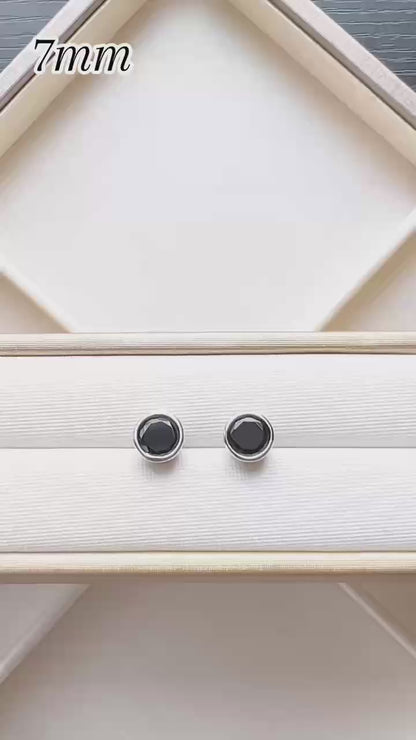 925 Sterling Silver CZ Stud Earrings with Round Bezel Setting in Clear or Black
