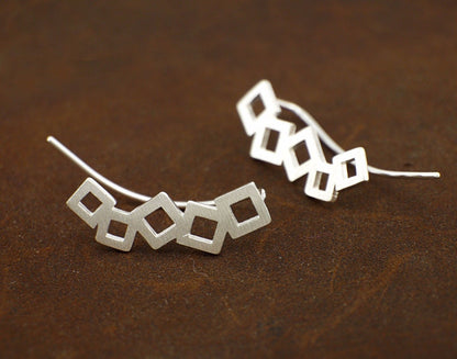 Sterling Silver Geometry Cube Square Curved Climber Crawler Earrings 2 Tones - sugarkittenlondon