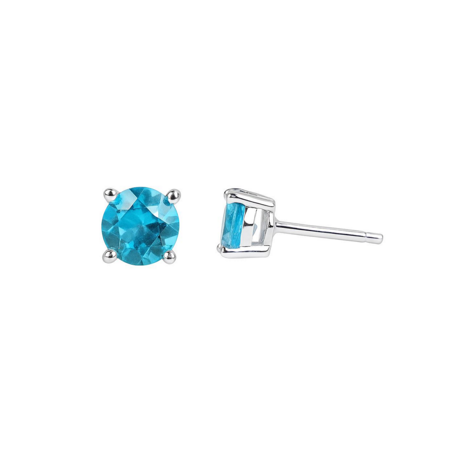 Round CZ solitaire stud earrings with light blue round stones and silver-tone posts