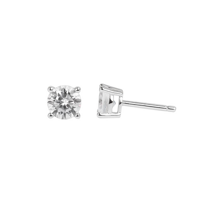 Round CZ solitaire stud earrings with clear round stones in silver-tone settings