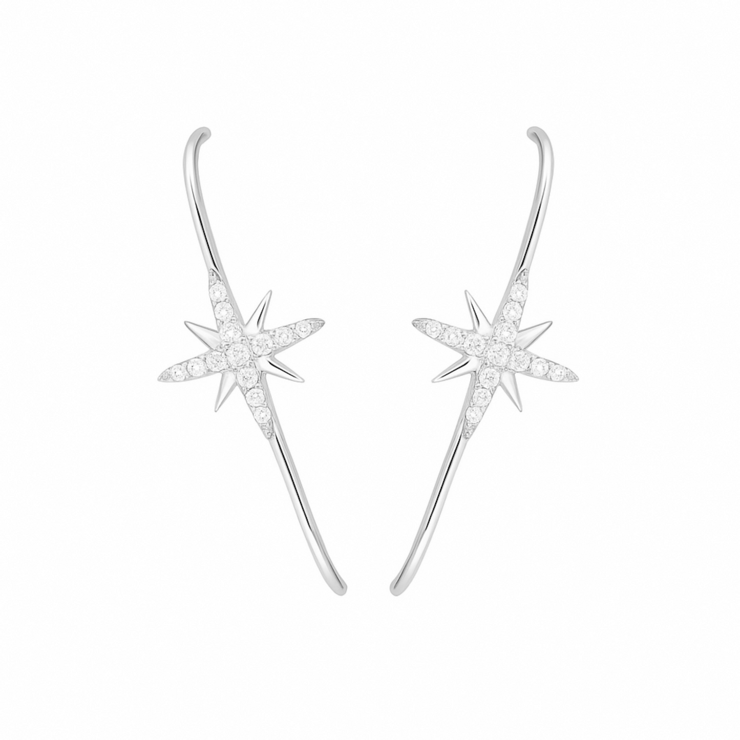 Sterling Silver North Pole Star Pave CZ Suspender Bar Cuff Stud Earrings 2 Tones