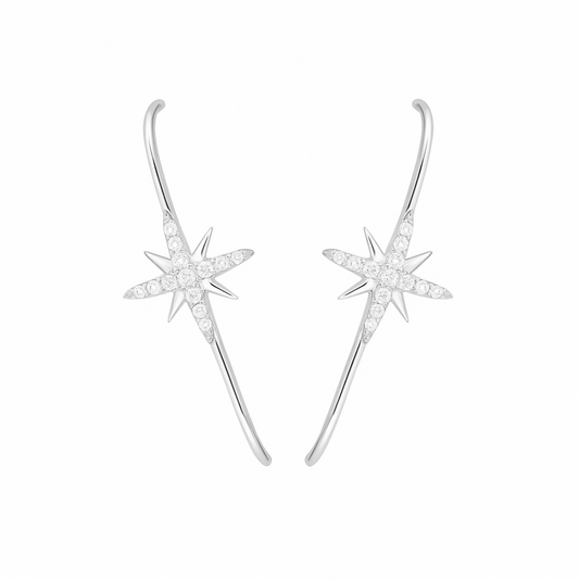 Sterling Silver North Pole Star Pave CZ Suspender Bar Cuff Stud Earrings 2 Tones