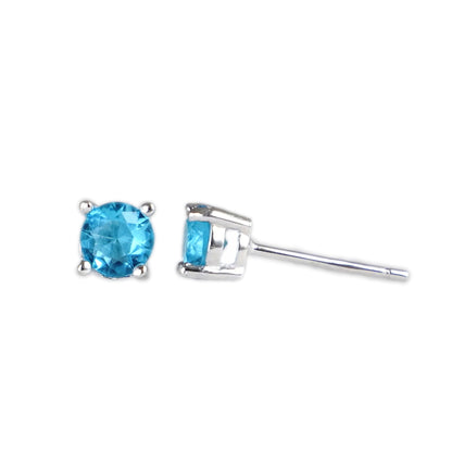 Sterling Silver 4 Claw Round 5mm CZ Stud Earrings Light Blue Aquamarine Clear White