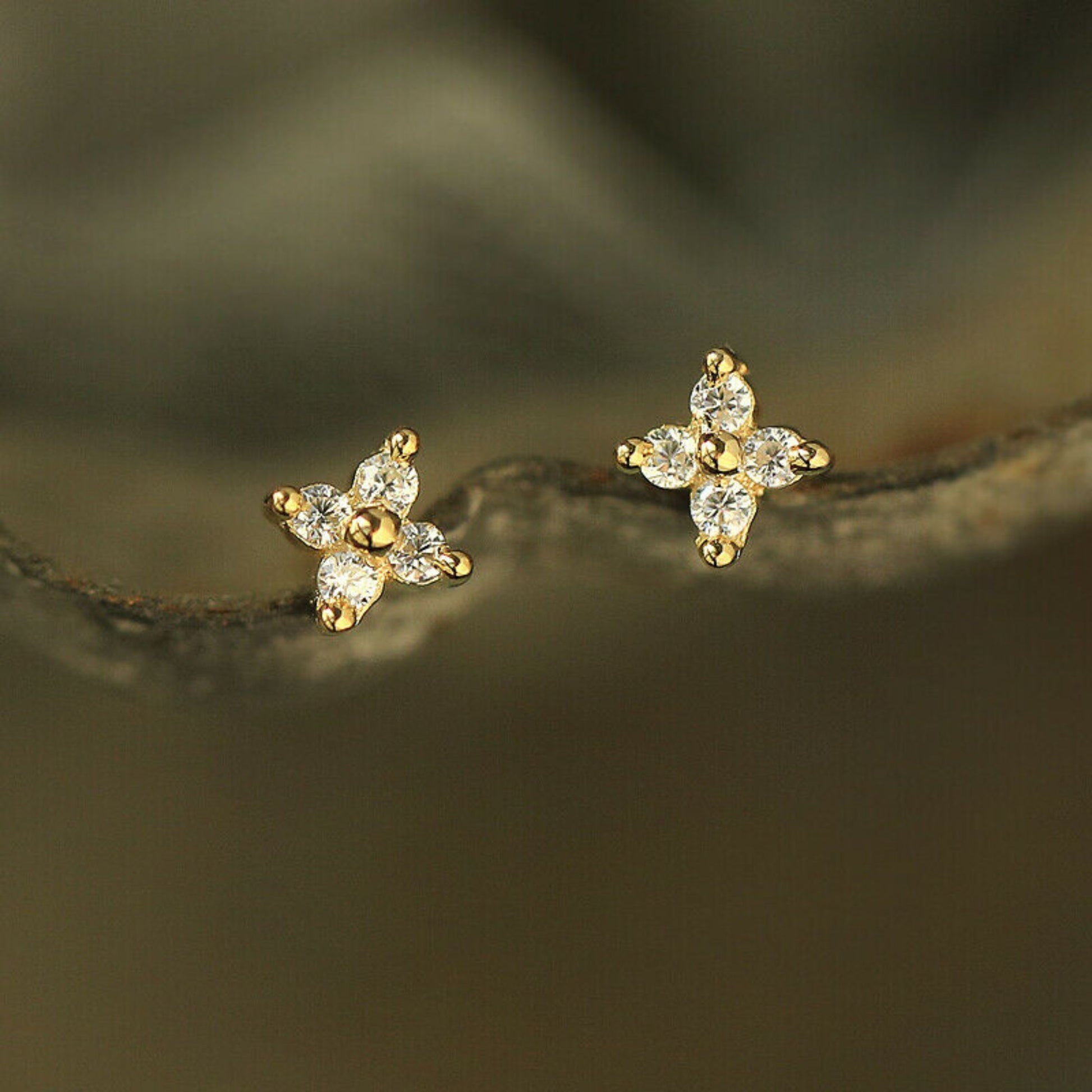 Shiny CZ Flower Stud Earrings in 18K Gold Plated Sterling Silver - sugarkittenlondon