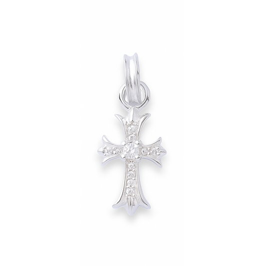 Sterling Silver Fleury Cross Pendant with Clear CZ Stones – 23 mm
