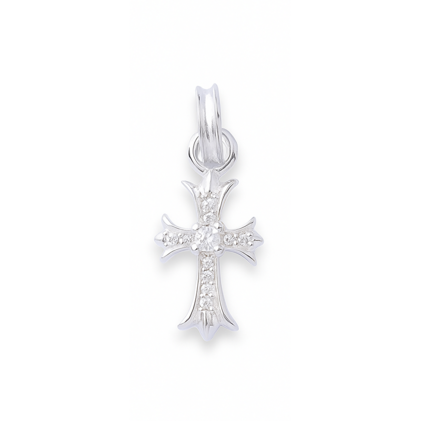 Sterling Silver Fleury Cross Pendant with Clear CZ Stones – 23 mm
