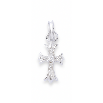 Sterling Silver Fleury Cross Pendant with Clear CZ Stones – 23 mm