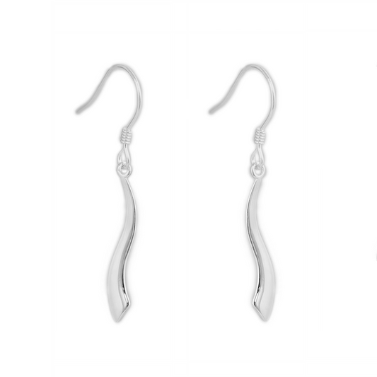 Silver-tone wavy S drop hook earrings, with fishhook backs and small loop details