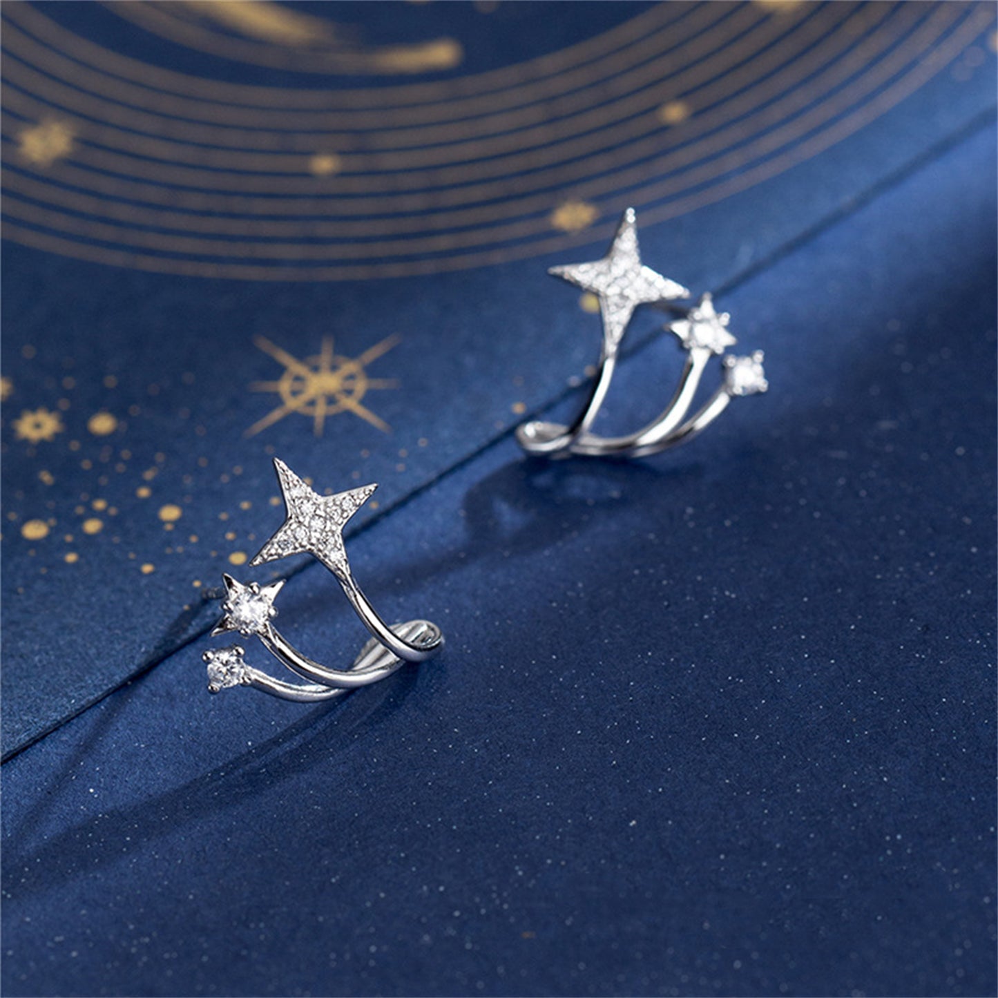 Sterling Silver Triple Shooting Star Polaris CZ Curvy Huggie Stud Earrings
