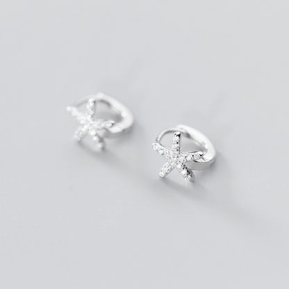 Sterling Silver 7mm Hoop Small Paved CZ SEA STAR Starfish Huggie Earrings - sugarkittenlondon