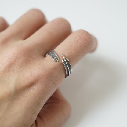 Sterling Silver Oxidised Feather Wing Angel Leaf Wrap Open Pinky Ring