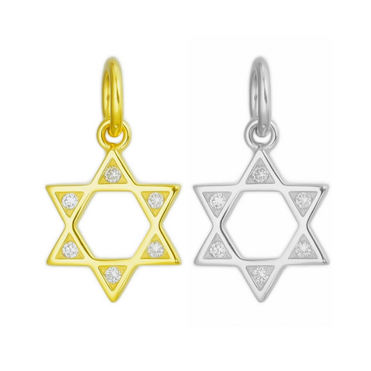 Sterling Silver CZ Hollow Six Pointed Star Hex Star of David Pendant Necklace