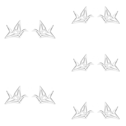 5 Pairs Sterling Silver Matte Brushed Origami Crane Bird Stud Earrings 16 x 12mm