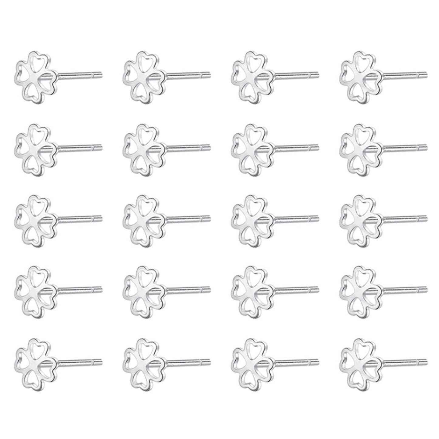 20 Fine Silver 999 5mm Lucky Love Hearts 4 Leaf Clover Stud Earrings Nose Studs