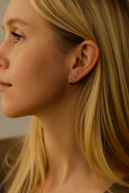 Sterling Silver Pointy Bar Linked Bezel CZ Line Stud Climber Drop Earrings