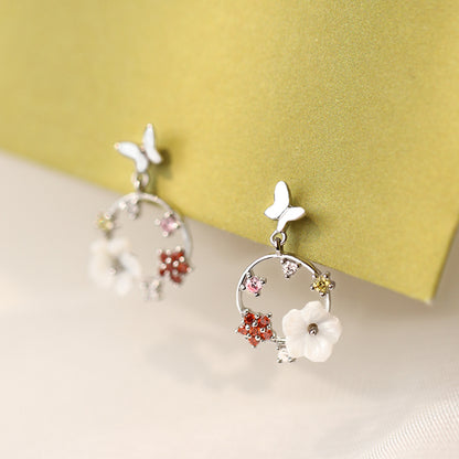 Sterling Silver Natural Mother of Pearl Flower Butterfly Drop Earrings Boxed - sugarkittenlondon