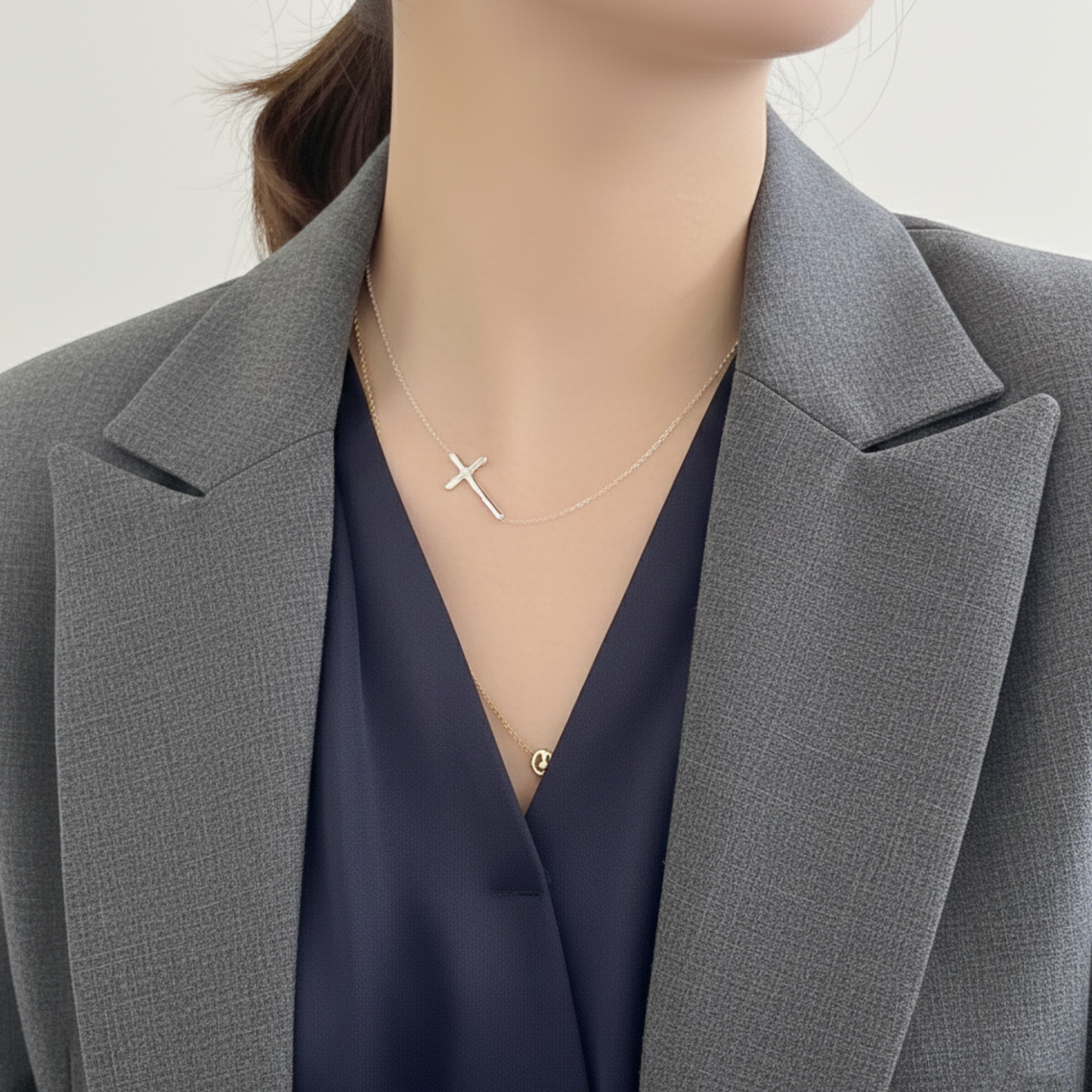 Sterling Silver Reversible Organic Texture Sideways Cross Necklace 42.5cm 16.7"