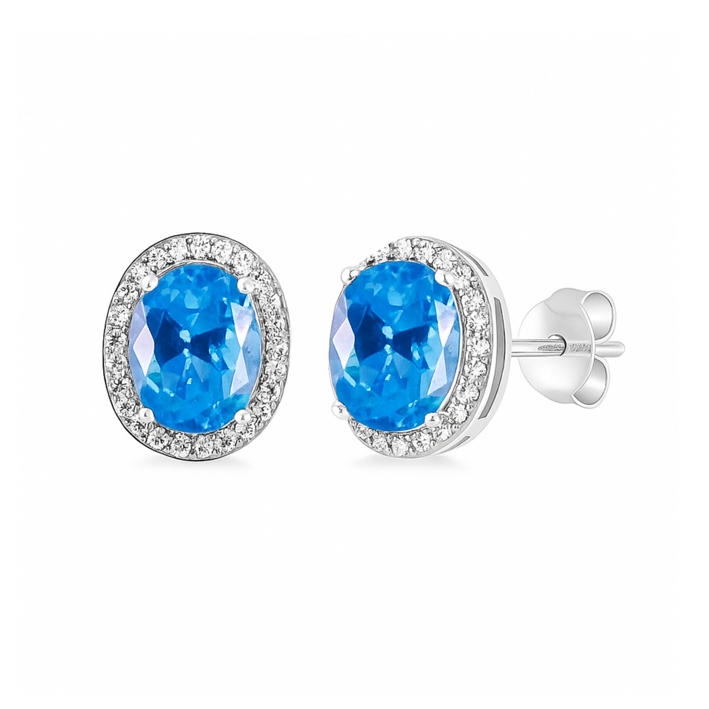 Sterling Silver Halo Earrings Light Blue Aquamarine CZ Center Stone Size 7*9mm