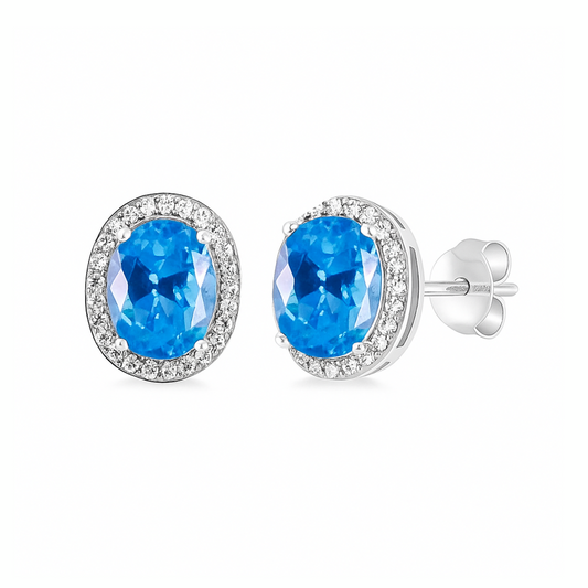 Sterling Silver Halo Earrings Light Blue Aquamarine CZ Center Stone Size 7*9mm