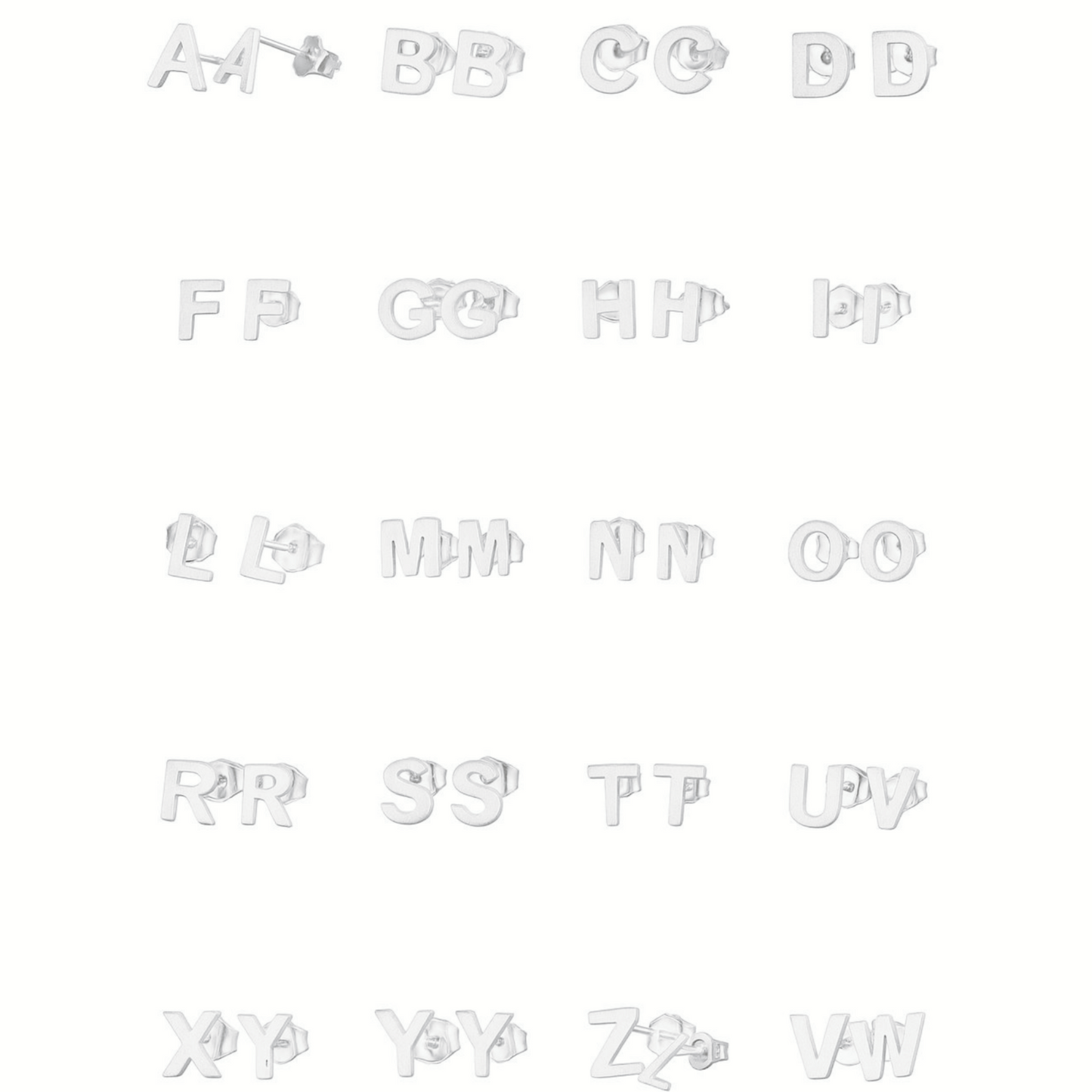 Alphabet letter stud earrings assortment, silver-tone A–V pairs with short posts