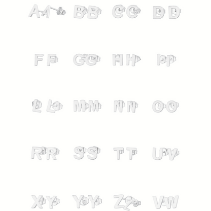 Alphabet letter stud earrings assortment, silver-tone A–V pairs with short posts
