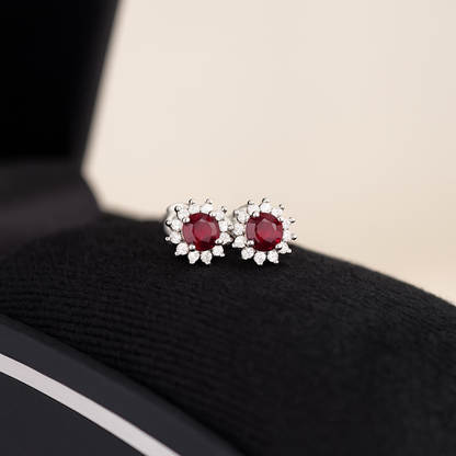 Sterling Silver 4mm Cut Red Pyrope Garnet Colour CZ Round Flower Cluster Stud Earrings