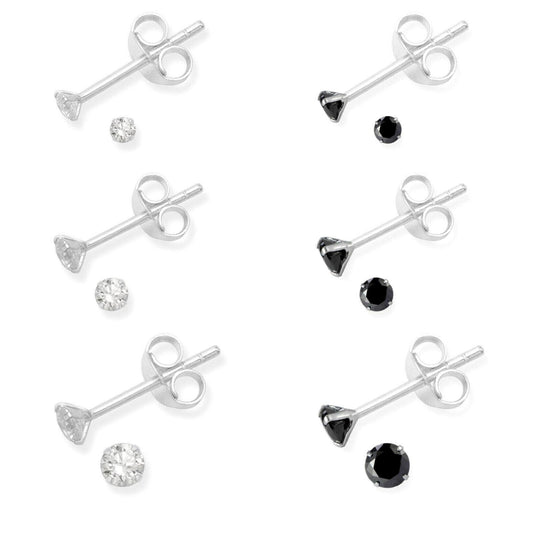 Sterling Silver 2mm 3mm 4mm Clear Black Round 4 Claw Cubic Zirconia Stud Earrings