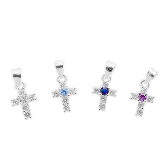 Sterling Silver Mini Cross Pendant Claw CZ Charm White Light Blue Blue Purple - sugarkittenlondon