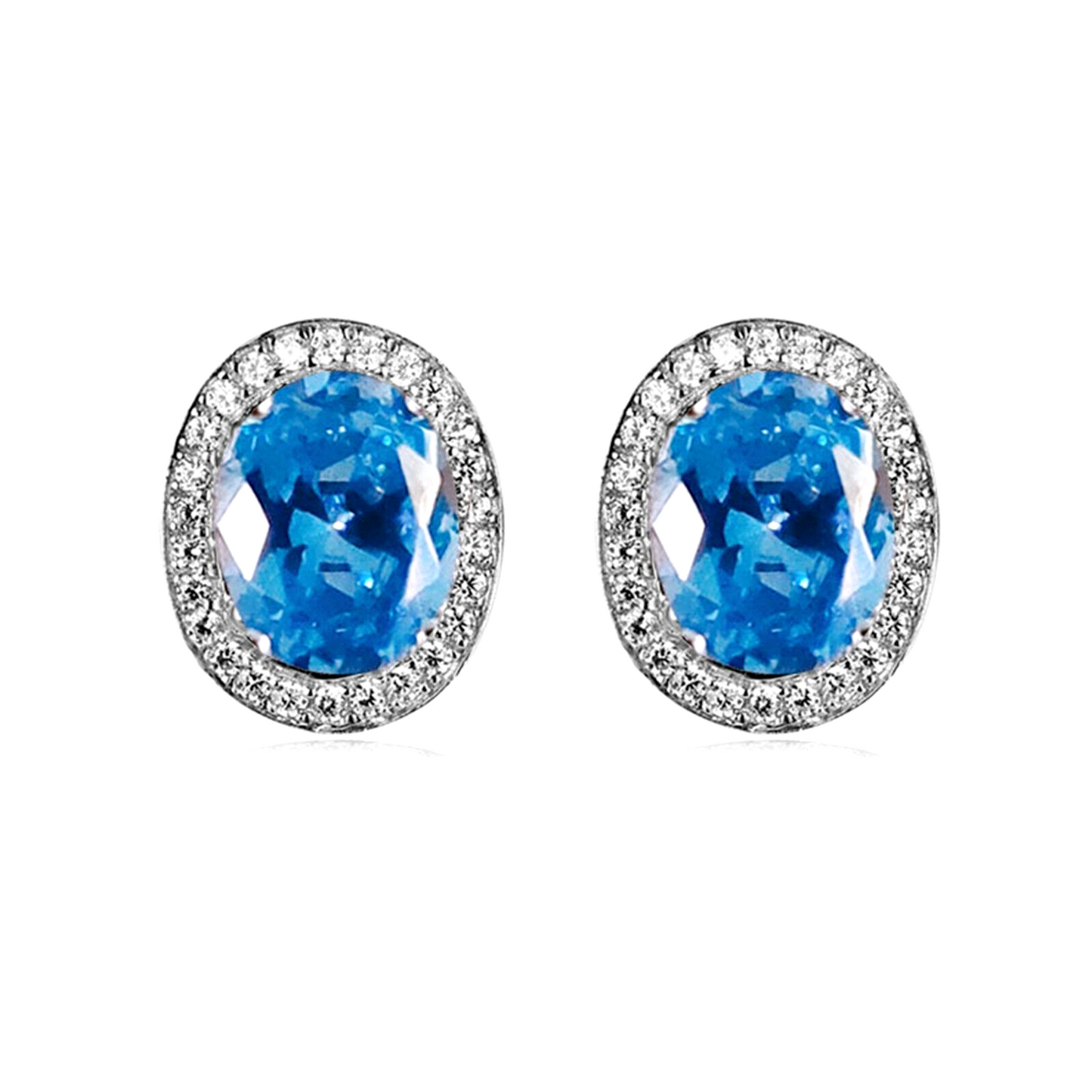 Sterling Silver Halo Light Blue Aquamarine Colour CZ Stud Earrings Jewellery - sugarkittenlondon