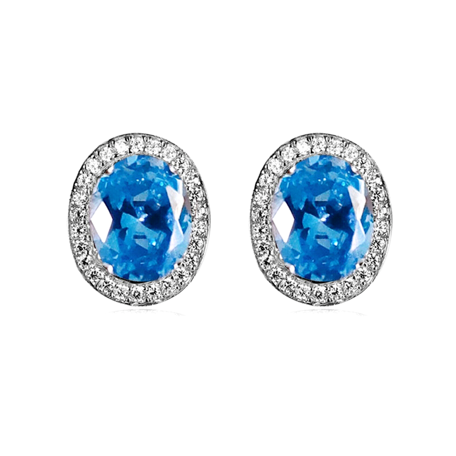 Sterling Silver Halo Light Blue Aquamarine Colour CZ Stud Earrings Jewellery - sugarkittenlondon