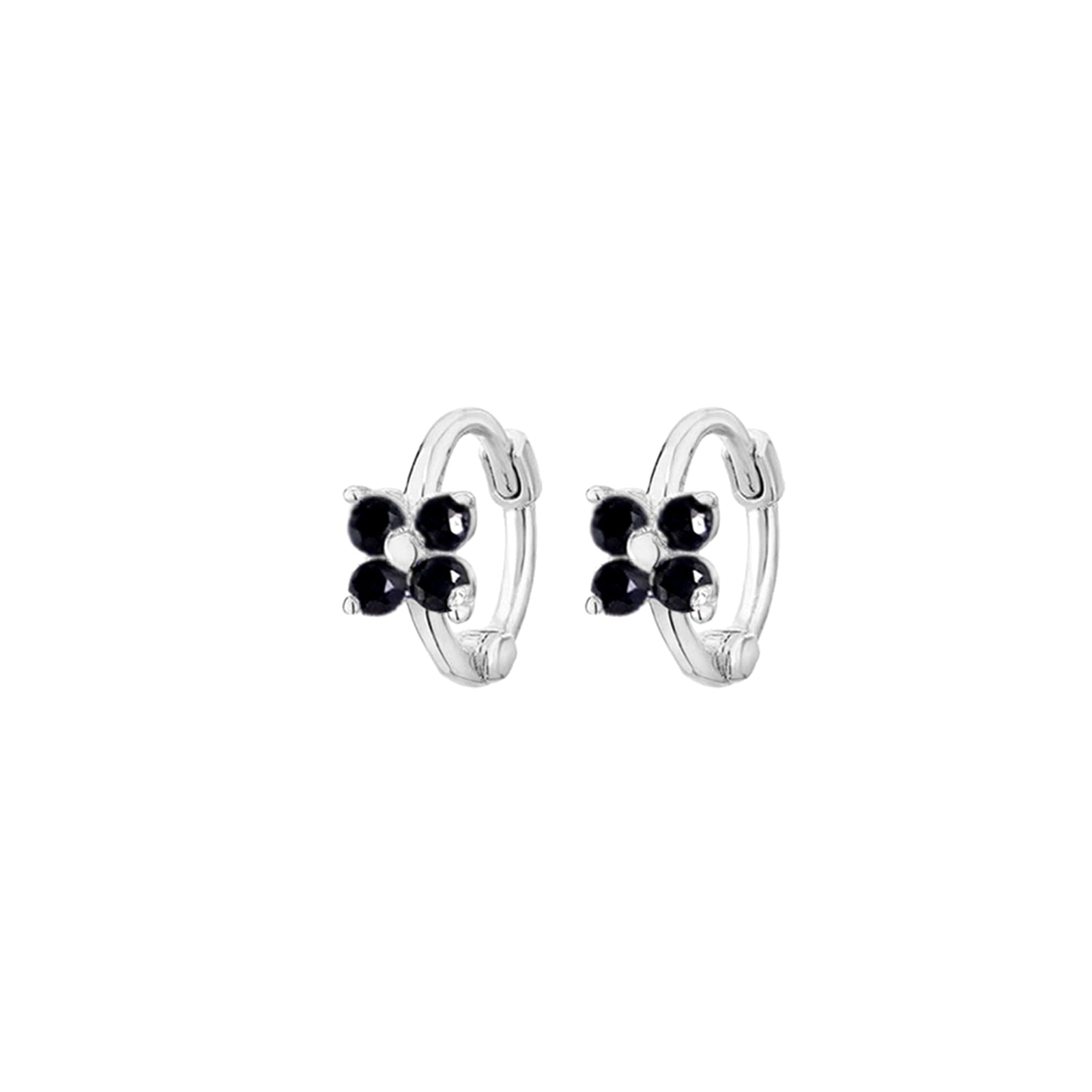 Sterling Silver Mini Hoop Black CZ Flower Motif Star Huggie Hinged Earrings 6mm - sugarkittenlondon