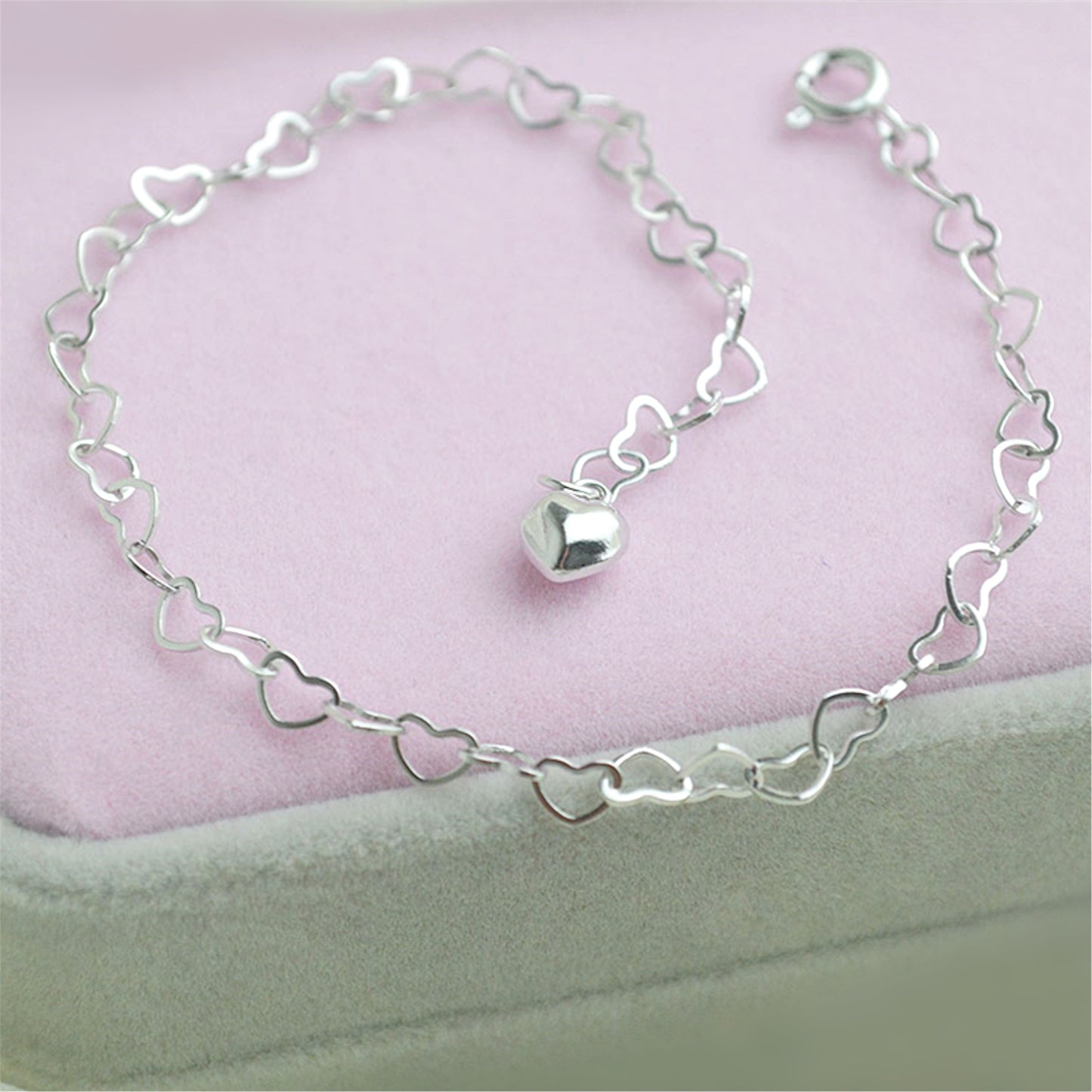 Sterling Silver Adjustable Love Heart Linked Hearts Chain Bracelet Boxed - sugarkittenlondon