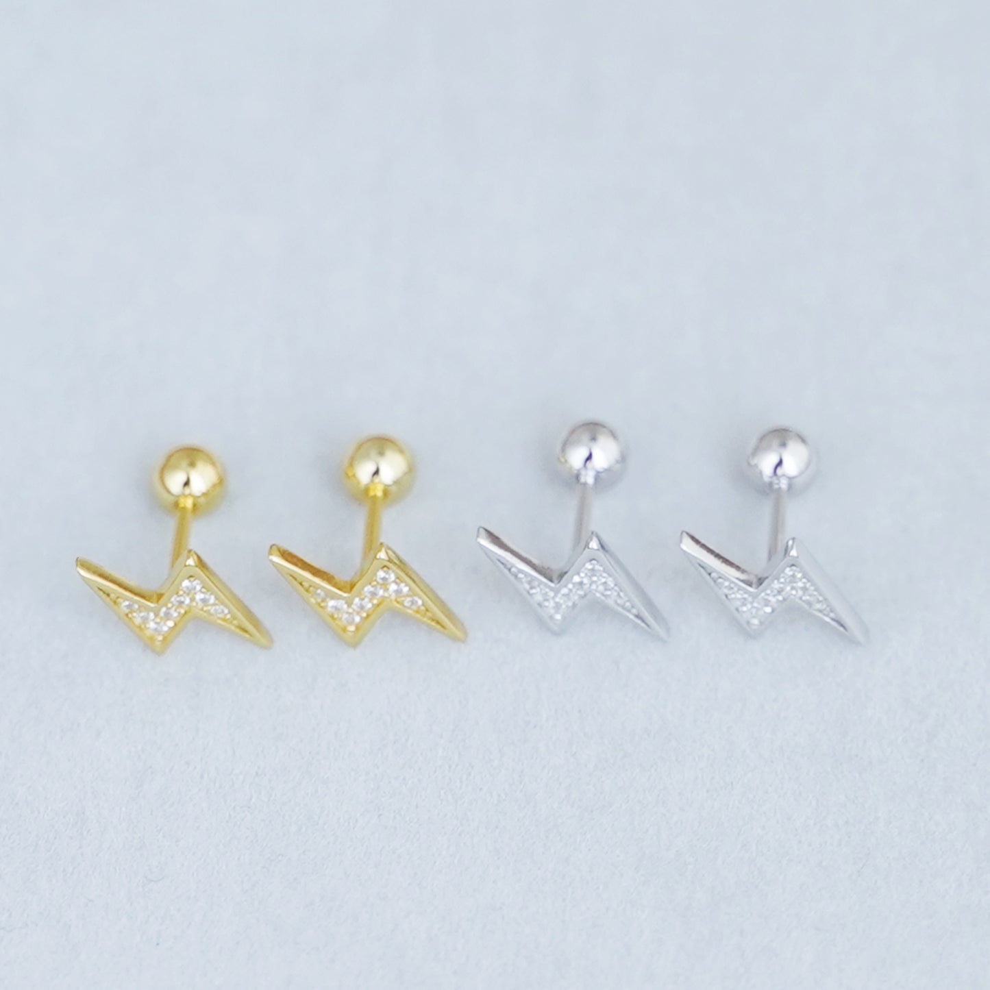 Sterling Silver CZ Lightning Bolt Barbell Bead Ball Screw Back Stud Earrings - sugarkittenlondon