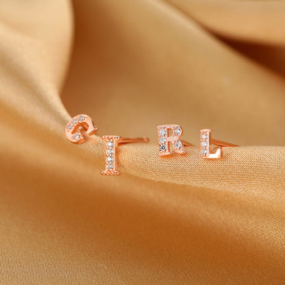 Gold Rose Gold on Sterling Silver CZ Initial A-Z Alphabet Letter Stud Earrings - sugarkittenlondon