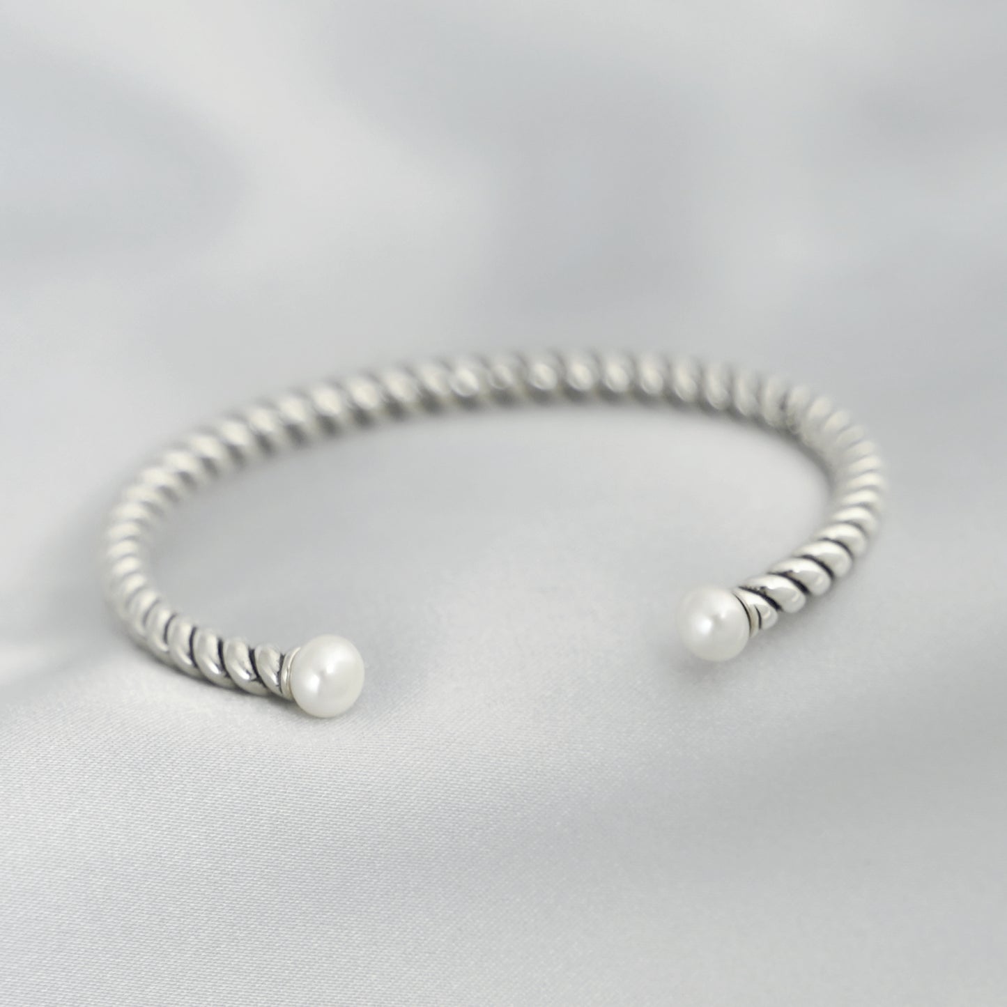 Sterling Silver Natural Freshwater Pearl Rope Torque Bangle Full UK Hallmark - sugarkittenlondon