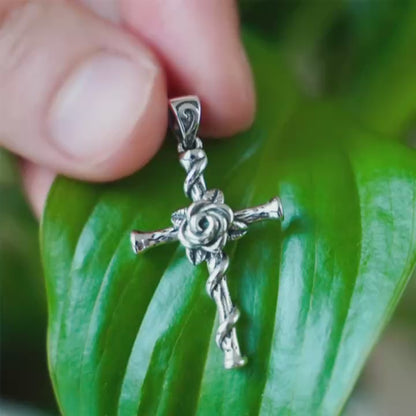 Sterling Silver Oxidized 3D Rose Thorn Cross Christian Pendant Necklace Boxed