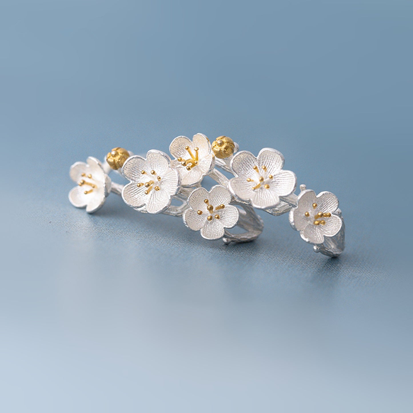 Sterling Silver and Gold Plum Blossom Stud Earrings - Dainty Flower Branch Line Design - sugarkittenlondon