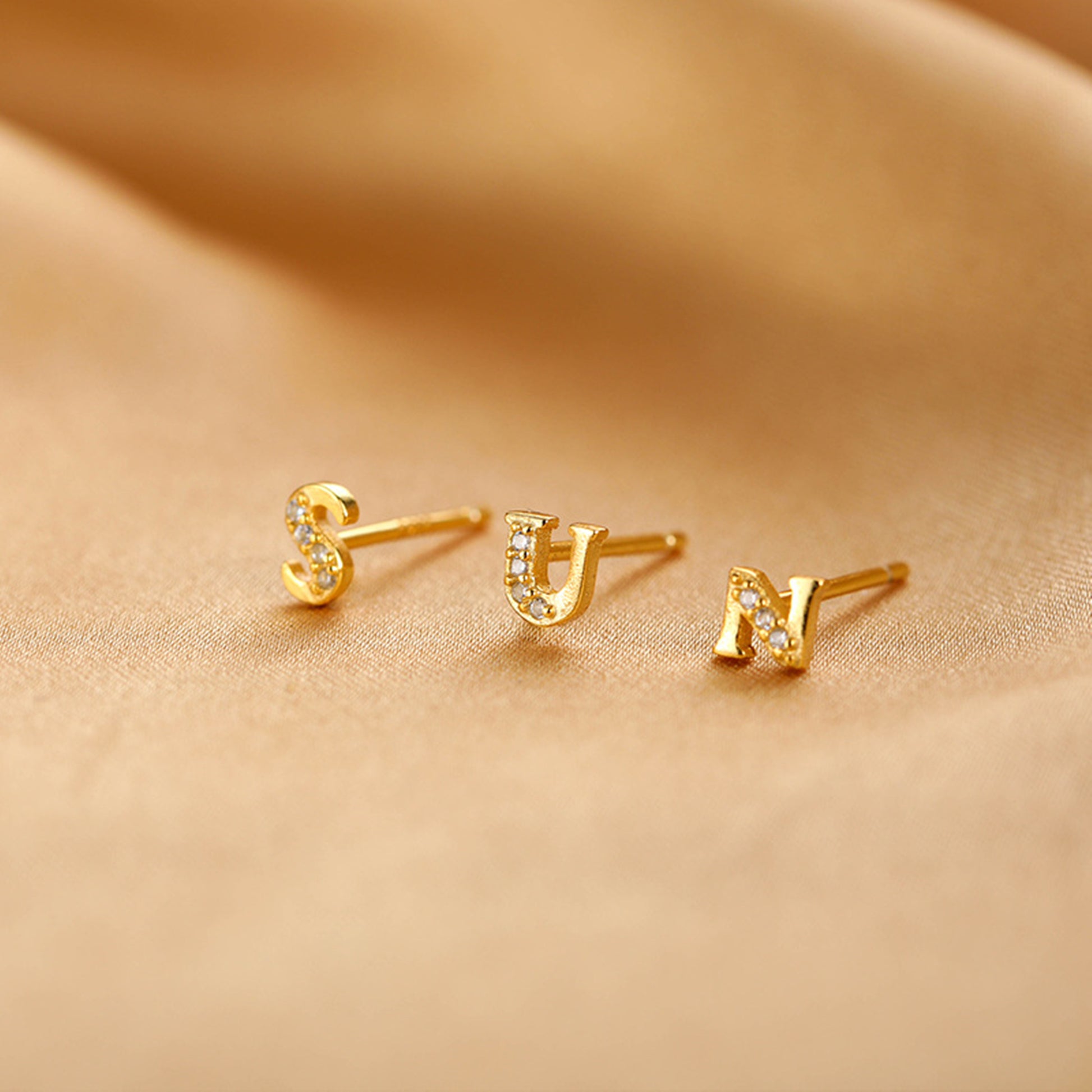 Gold Rose Gold on Sterling Silver CZ Initial A-Z Alphabet Letter Stud Earrings - sugarkittenlondon