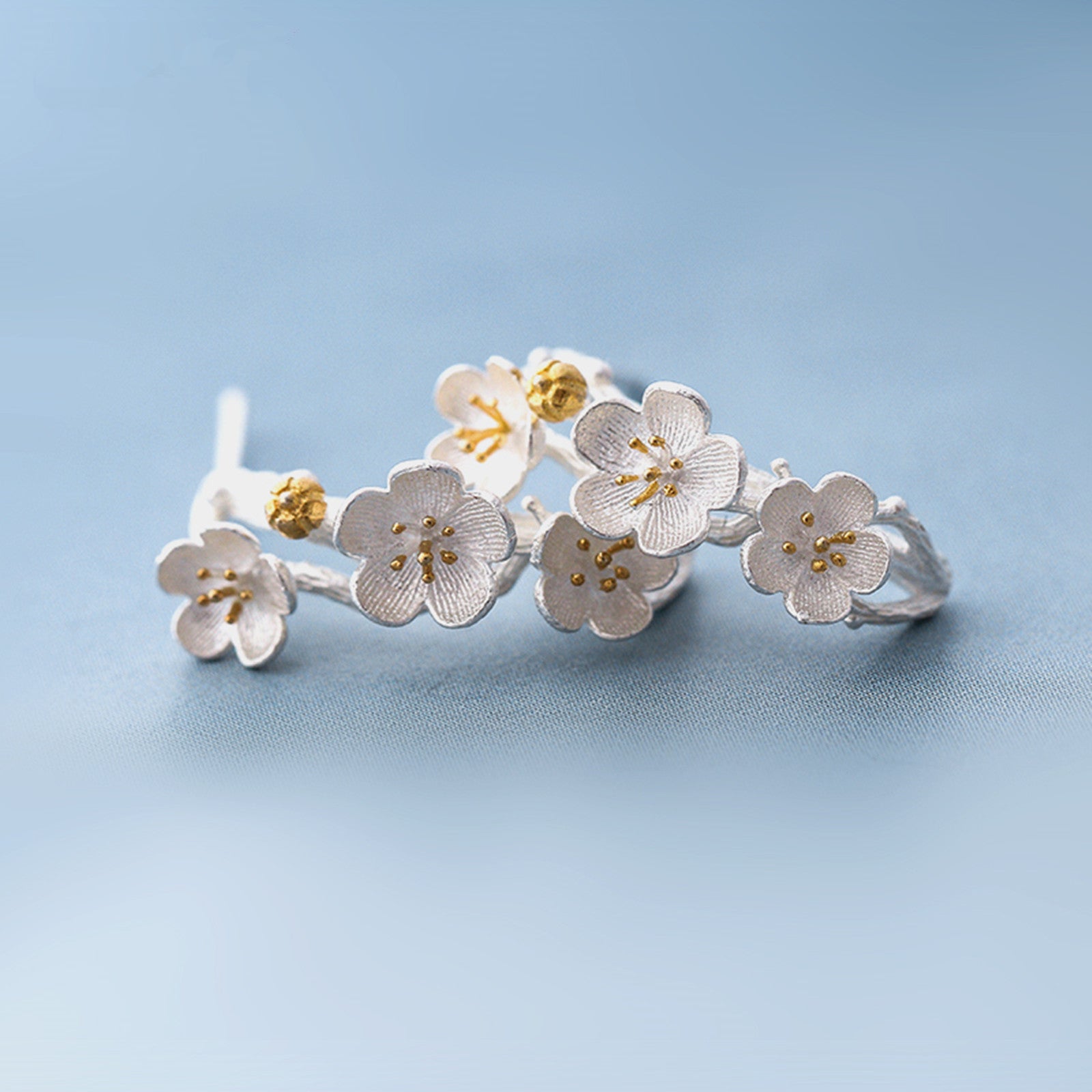 Sterling Silver and Gold Plum Blossom Stud Earrings - Dainty Flower Branch Line Design - sugarkittenlondon