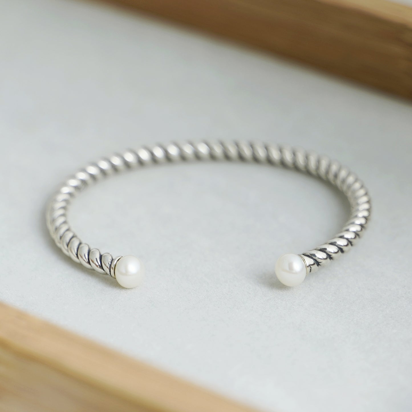 Sterling Silver Natural Freshwater Pearl Rope Torque Bangle Full UK Hallmark - sugarkittenlondon