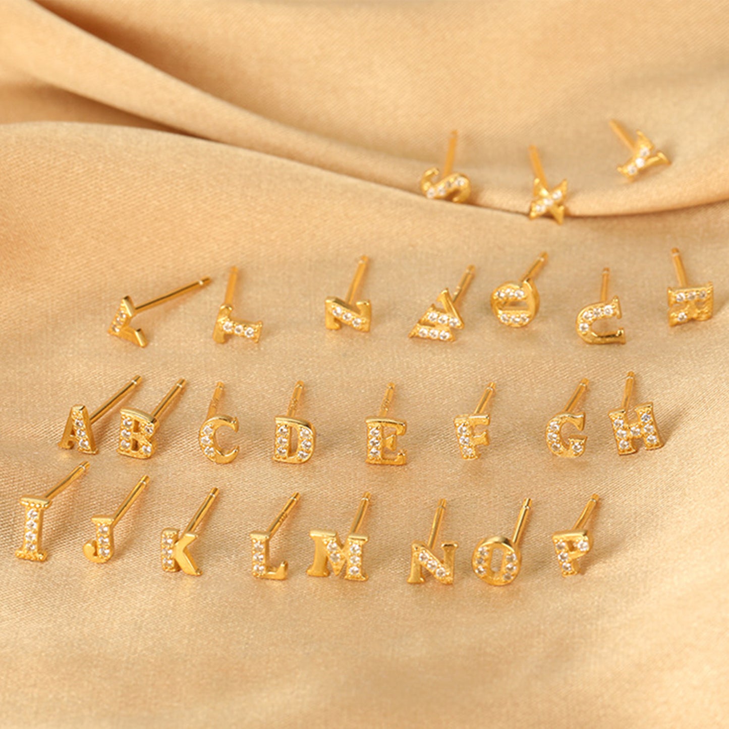 Gold Rose Gold on Sterling Silver CZ Initial A-Z Alphabet Letter Stud Earrings - sugarkittenlondon