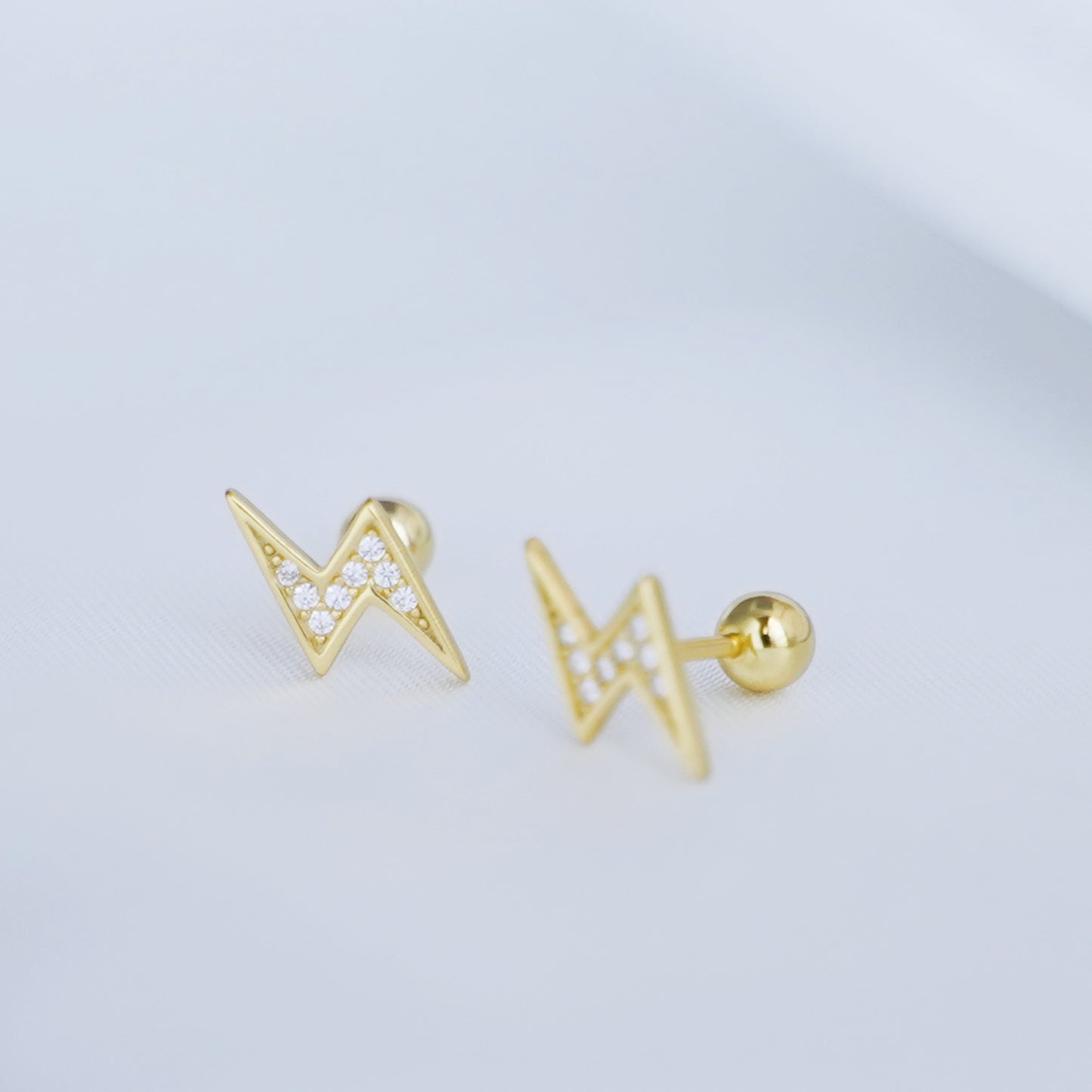 Sterling Silver CZ Lightning Bolt Barbell Bead Ball Screw Back Stud Earrings - sugarkittenlondon