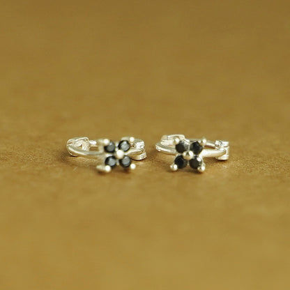 6mm Sterling Silver Flower CZ Huggie Hinged Earrings with Black Star - sugarkittenlondon