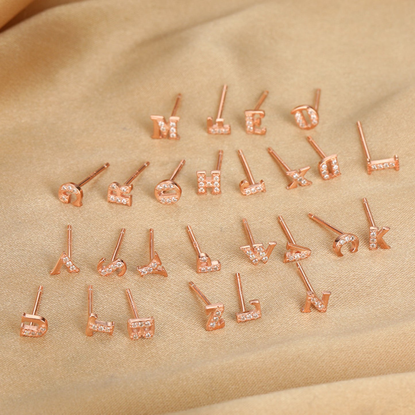 Gold Rose Gold on Sterling Silver CZ Initial A-Z Alphabet Letter Stud Earrings - sugarkittenlondon