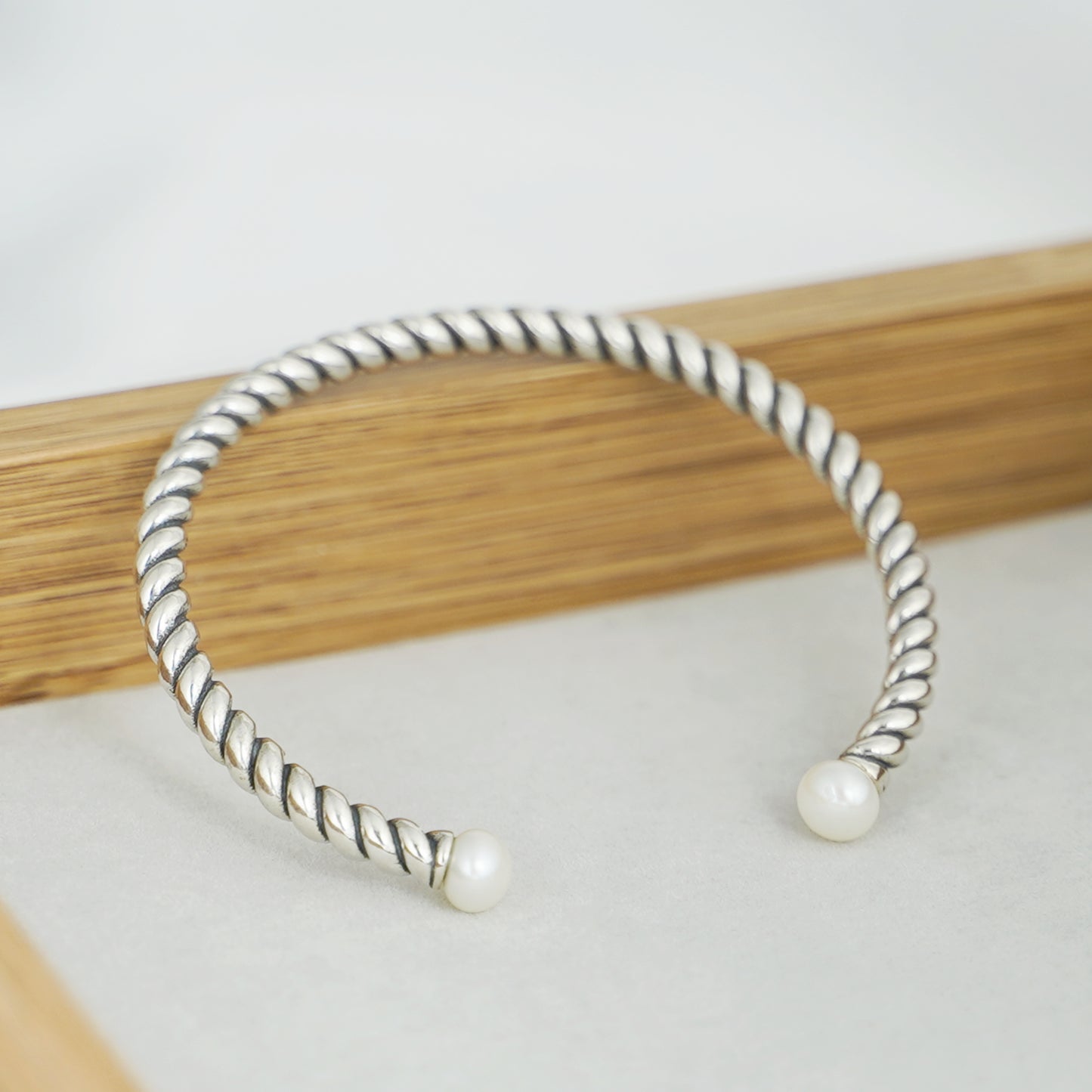 Sterling Silver Natural Freshwater Pearl Rope Torque Bangle Full UK Hallmark - sugarkittenlondon