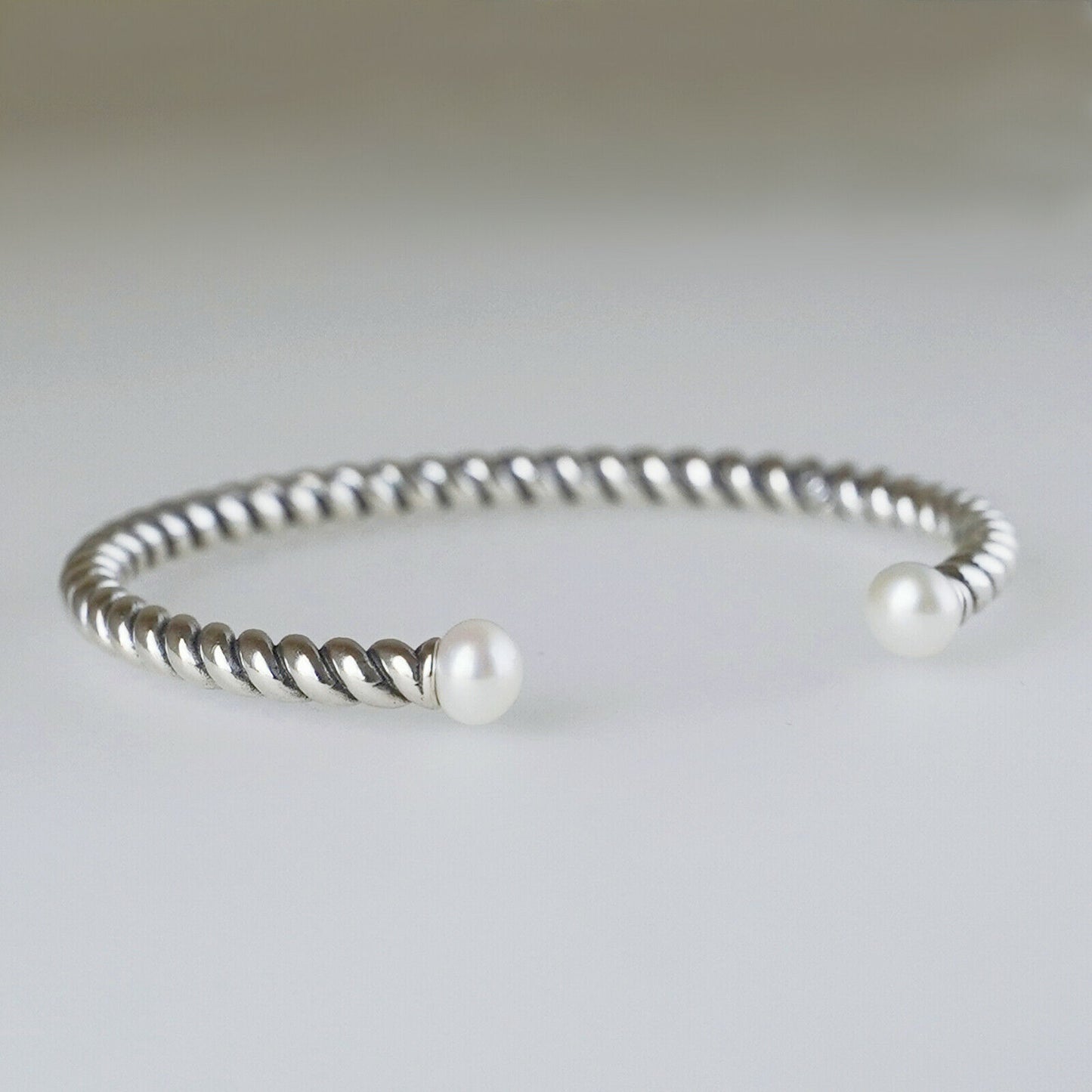 Sterling Silver Natural Freshwater Pearl Rope Torque Bangle Full UK Hallmark - sugarkittenlondon