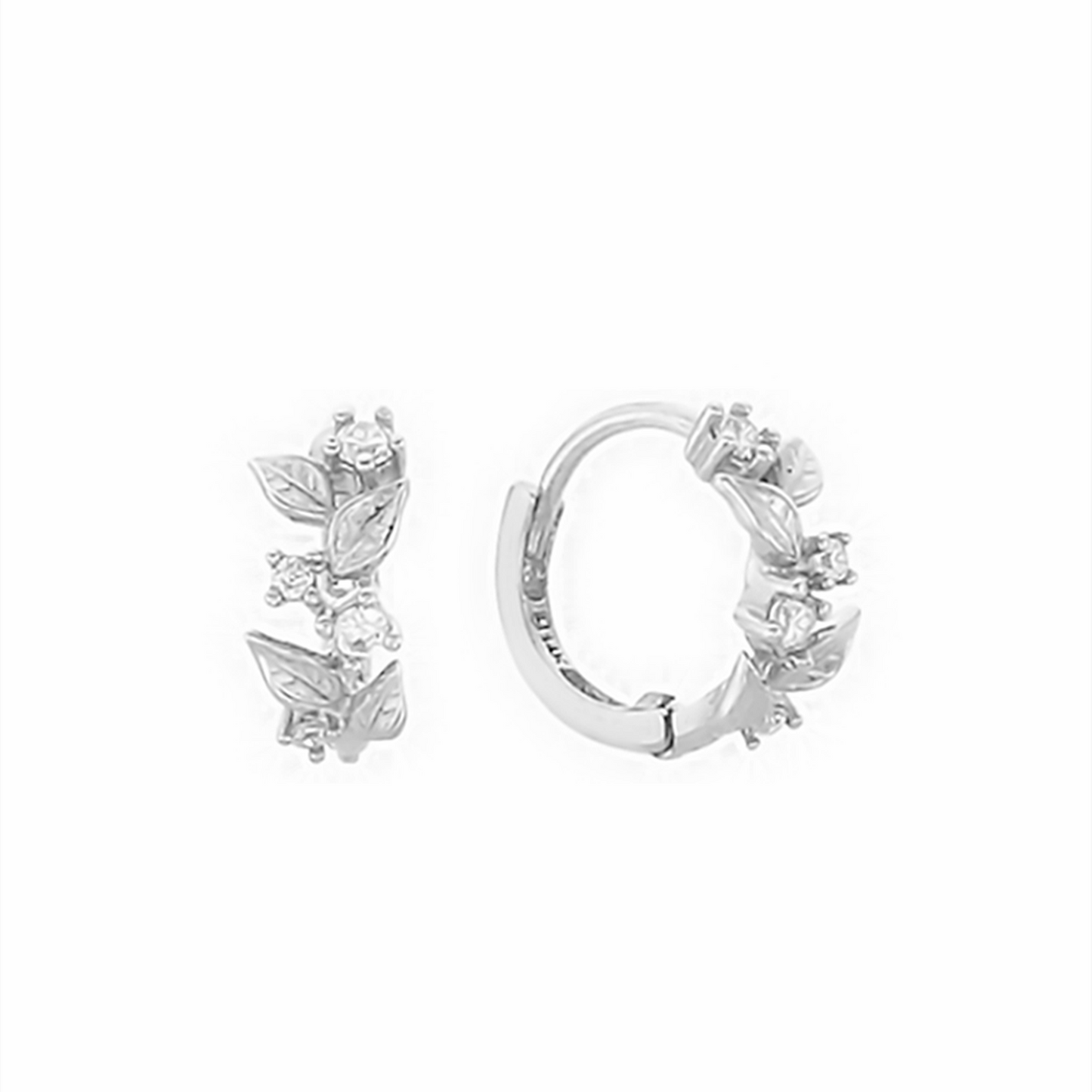 Sterling Silver 7mm Hoop Flower Branch Blossom Leaf CZ Huggie Earrings - sugarkittenlondon