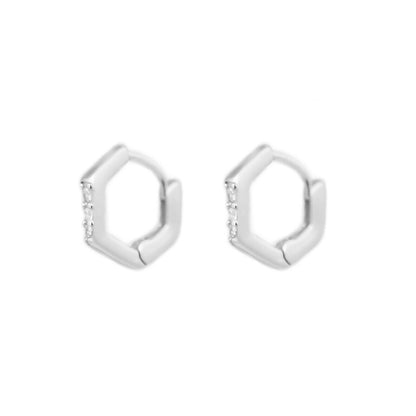 Sterling Silver Small 6.5mm Hoop Hexagon Pave CZ Huggie Hinged Cuff Earrings - sugarkittenlondon