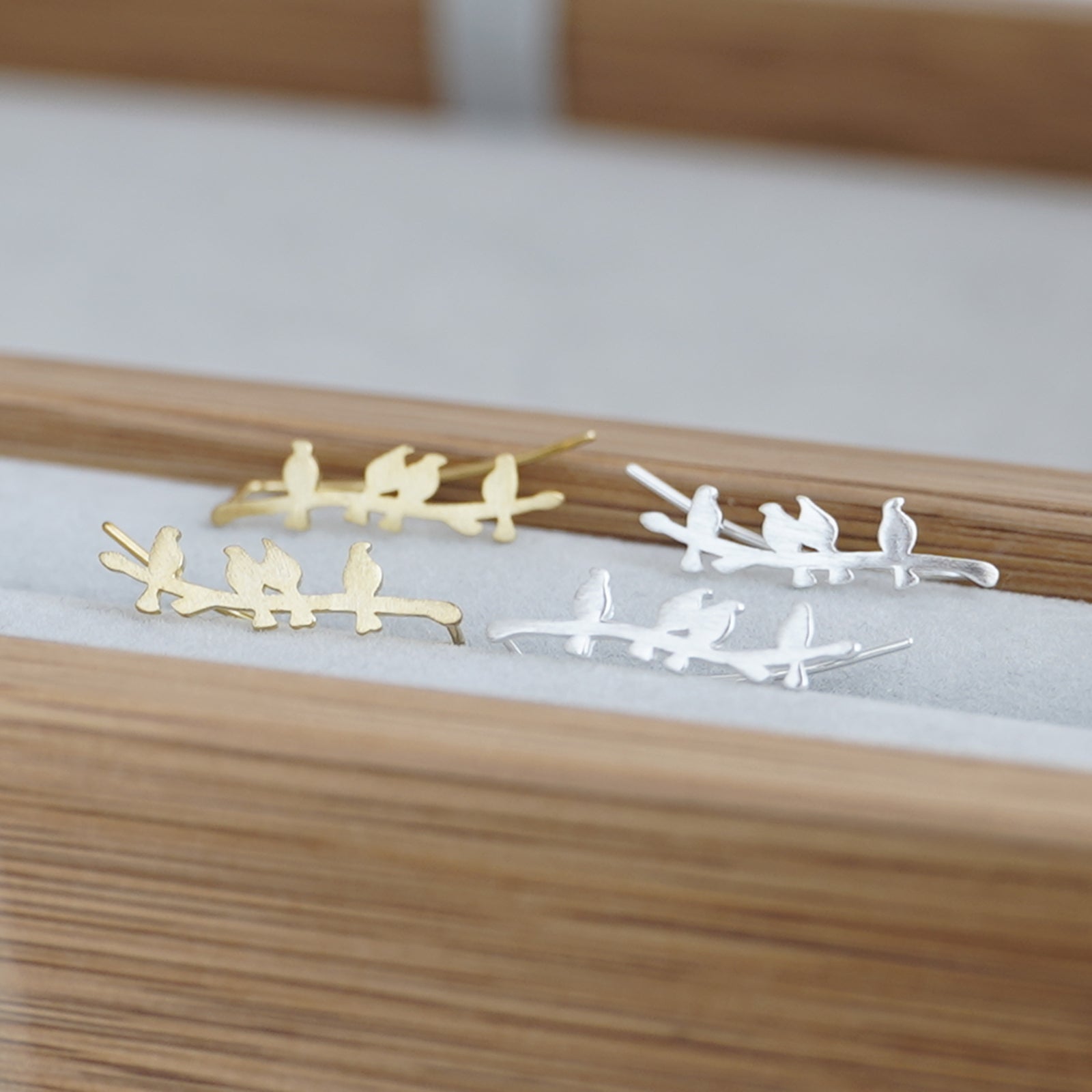 Gold on Sterling Silver Birds on A Branch Vine Curved Climber Crawler Earrings - sugarkittenlondon