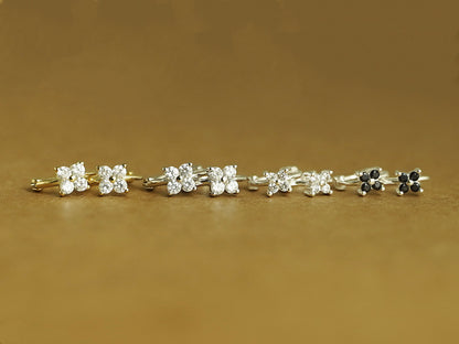 6mm Sterling Silver Flower CZ Huggie Hinged Earrings with Black Star - sugarkittenlondon